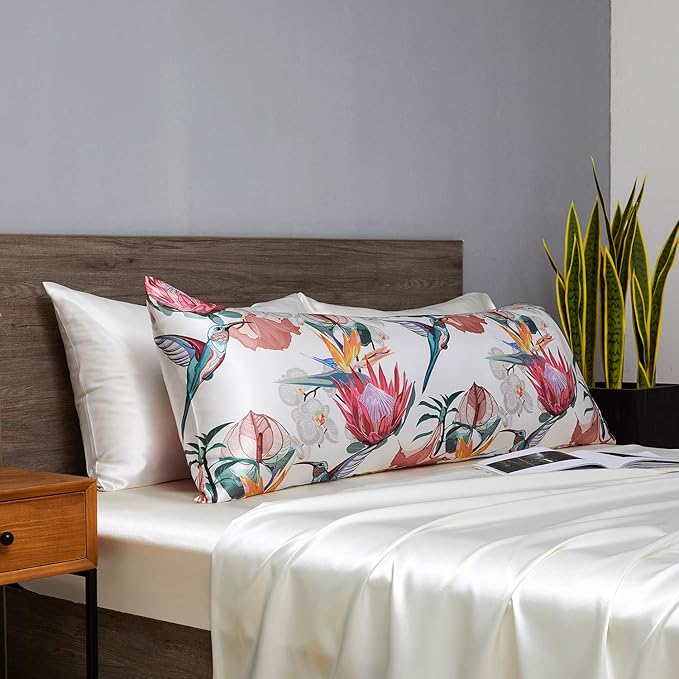 MR&HM Satin Body Pillow Cover, Soft and Breathable Body Pillow Case with Envelope Closure, Cooling and Silky Long Pillowcase for Hair and Skin,Grey (20x54, Floral Bird) - Bloomnest