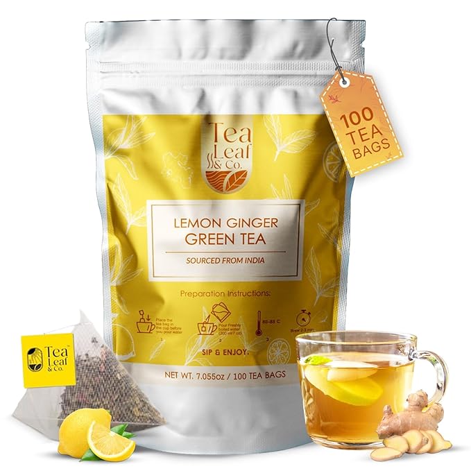 Tealeaf & Co. Lemon Ginger Green Tea with Ginger, Lemon Flavor, Orange Peel, Mint & Black Pepper - Organic Green Tea Bags with Fresh Herbs and Spices - Vegan - 100 Teabags (7.055oz/200gm) - Bloomnest
