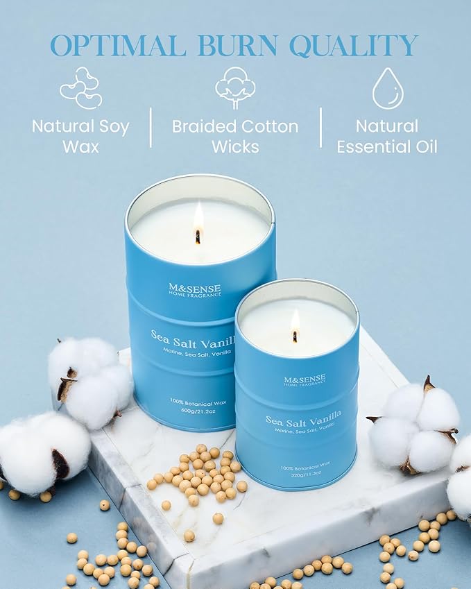 M&SENSE Sea Salt Vanilla Scented Candles Large Beach Candle, Natural Soy Summer Candles 21.2oz 120 Hour Slow Burning,Aromatherapy Candle for Stress Relief Meditation Relaxing - Bloomnest