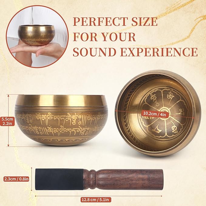 AKLOT HandMade Meditation Singing Bowl: Tibetan Sound Bowl Set with Pure Tone, Sound Bath Bowl with Cushion, Mallet, Spiritual Gift for Chakra Clearing, Mind Healing, Yoga, Prayer, Relaxation (4 Inch)