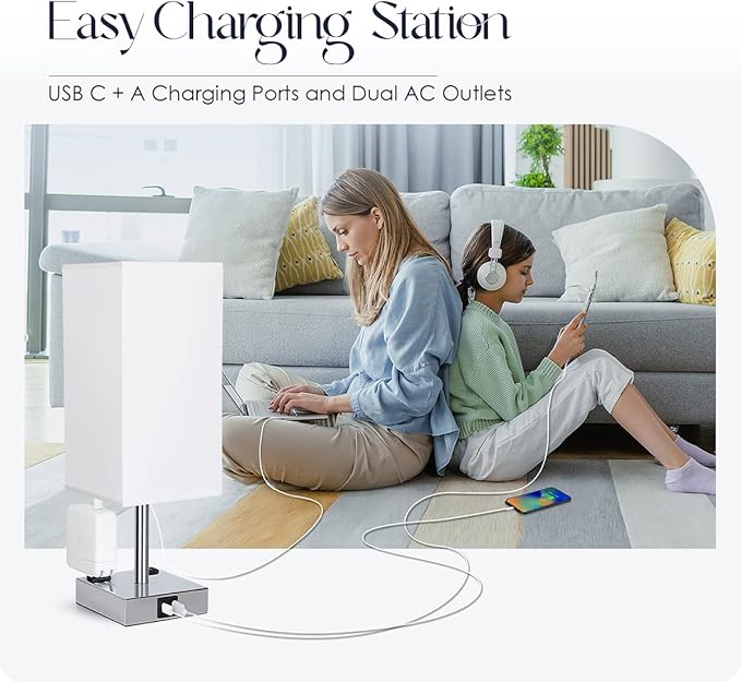 Bedside Lamp with USB Ports - Touch Control Table Lamp for Bedroom with USB C+A Charging Ports & AC Outlets, 3 Way Dimmable Nightstand Light for Living Room (LED Bulb Included, Chrome - White) - Bloomnest