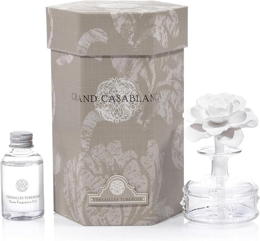 Zodax Grand Casablanca Reed Diffuser - Home Fragrance Oil Diffuser Ideal for Living Room, Bathroom, Office - Porcelain Flower Design - Gift Box Packaging Included - Versailles Tuberose - 1.69 Oz.