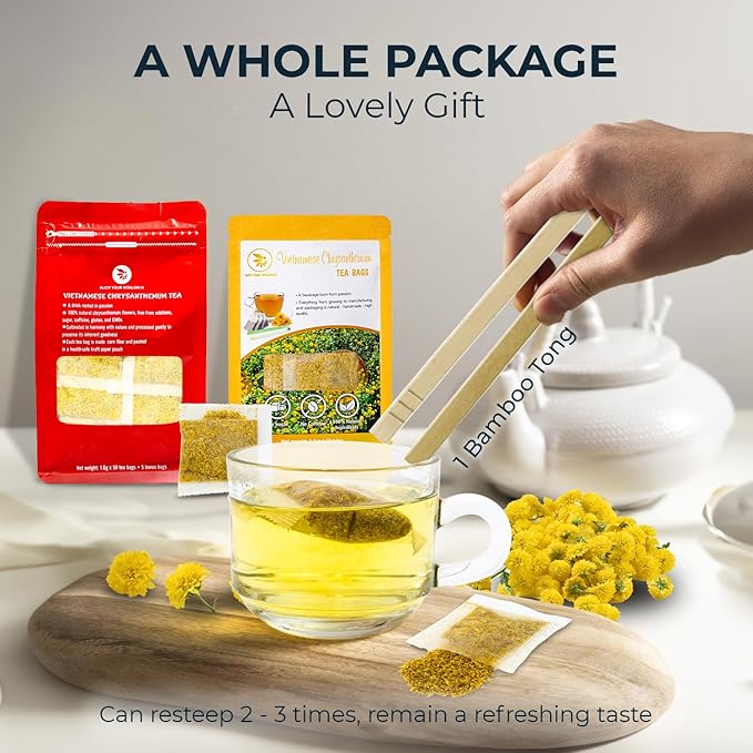 Vietnamese Chrysanthemum Tea Samplers - 10 Count + Bamboo Tong, No Sugar Added, No Caffeine, Re-Steep Chrysanthemum Floral Scent Herbal Tea for Detox, Refreshing, Relax - Bloomnest