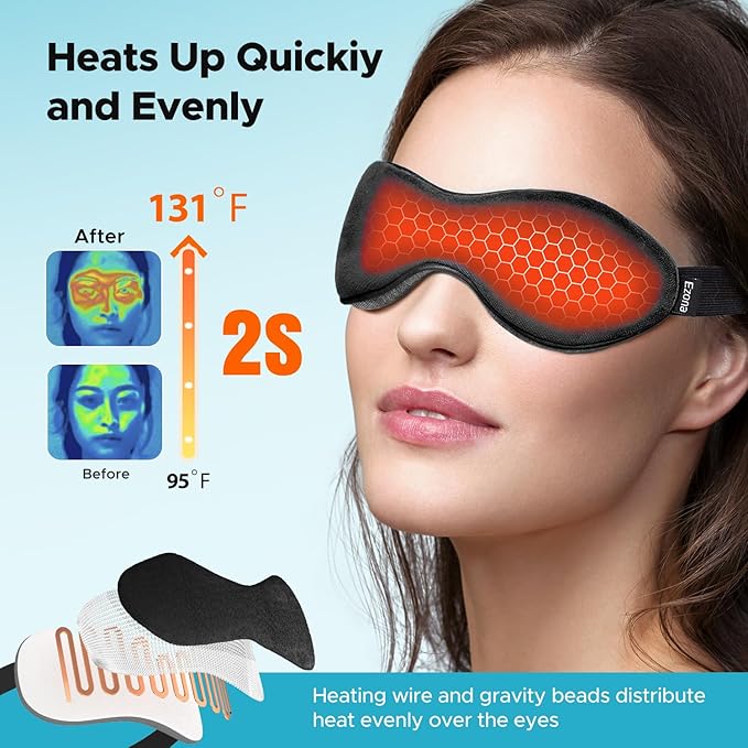Ezona Heated Eye Mask, Warm Eye Compress Mask for Dry Eyes, USB Electric Eye Heating Pad with Temperature & Timer Control, Dry Eyes, Blepharitis, Sinus Migraine (Black) - Bloomnest