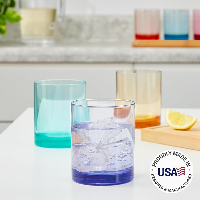 US Acrylic Classic Plastic Reusable Drinking Glasses (Set of 6) 12oz Rocks Cups Assorted Colors | BPA-Free Tumblers, Made in USA | Top-Rack Dishwasher Safe - Bloomnest