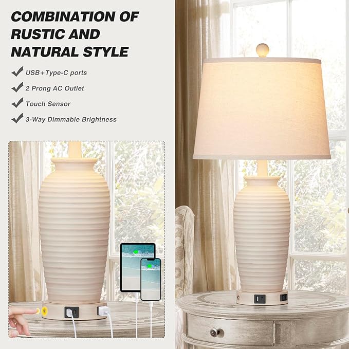 24.3" Farmhouse Jar Table Lamps Set of 2, 3 Way Touch Control Rustic Bedside Lamps with USB A+C Ports & AC Outlet, Pot Nightstand Lamps for Bedroom Living Room (LED Bulbs Included) - Bloomnest