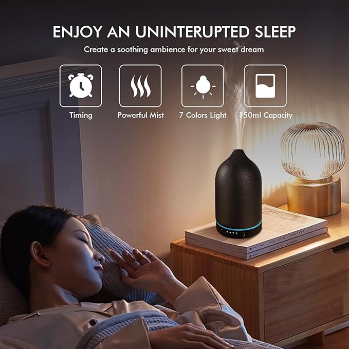 Essential Oil Diffuser Ceramic Diffuser - 150ml Aromatherapy Diffuser for Essential Oils with Timer and 7 Colors LED Light Ultrasonic Aroma Diffuser with Auto Shut-Off, Home Office Decor&Gift (Black) - Bloomnest