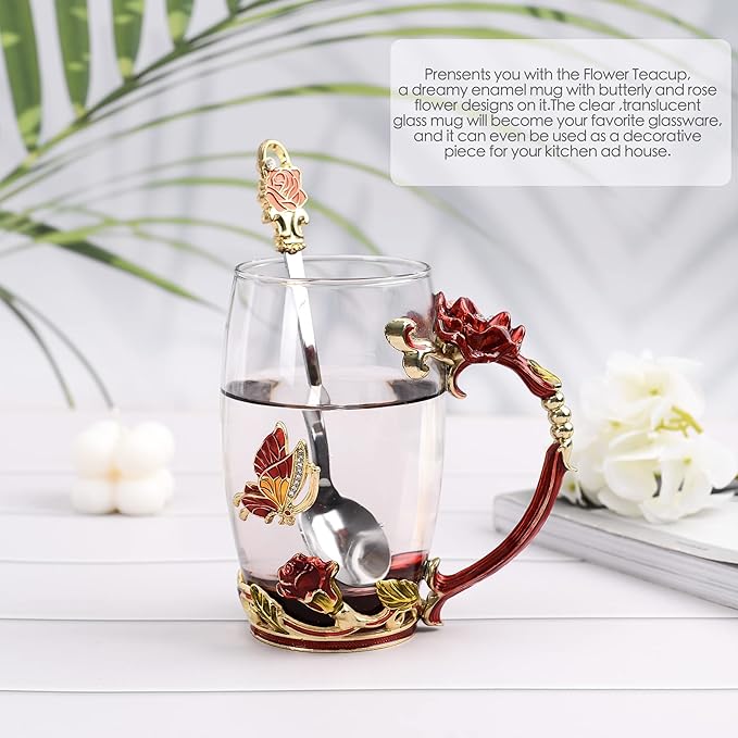 Glass Coffee Mugs Flower Butterfly Tea Cup with Spoon and Box, Personalized Gifts for Mothers Day Gift, Women, Wife and Girlfriends (11oz) - Bloomnest