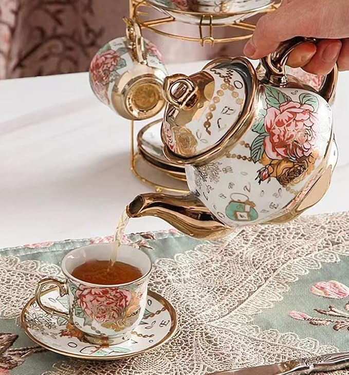 CHANJOON tea sets Gold Plated Red Rose Ceramic Tea Set, Vintage Teapot Tea Sets Beautiful Tea Set Coffee Serving 6 People (Golden, Medium) - Bloomnest
