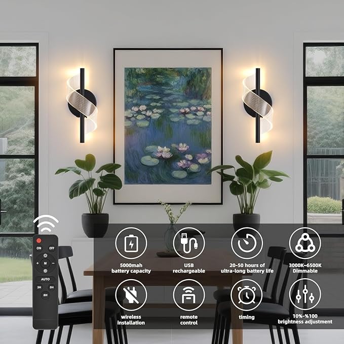 Cordless Wall Sconces Set of 2, Helical Wireless Rechargeable Battery Wall Light with Remote Control Dimmable. Portable Lighting for Wall Painting, Living Room, Bedroom, Night Light. 11.8''Black - Bloomnest