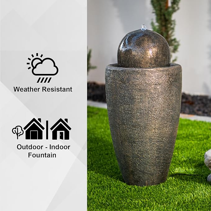 XBrand 25.98" H Round Stone Indoor/Outdoor Modern Stone Textured Sphere Water Fountain w/LED Lights, Bronze - Bloomnest