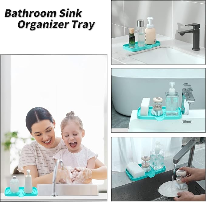 Silicone Bathroom Soap Dishes with Drain Spout-Bathroom and Kitchen Sink Organizer,Sponge Holder,Dish Soap Tray,Perfect for Dispenser,Scrubber,Bottle,Cup on Sink or Counter-Mint 9.6"×5.3" - Bloomnest