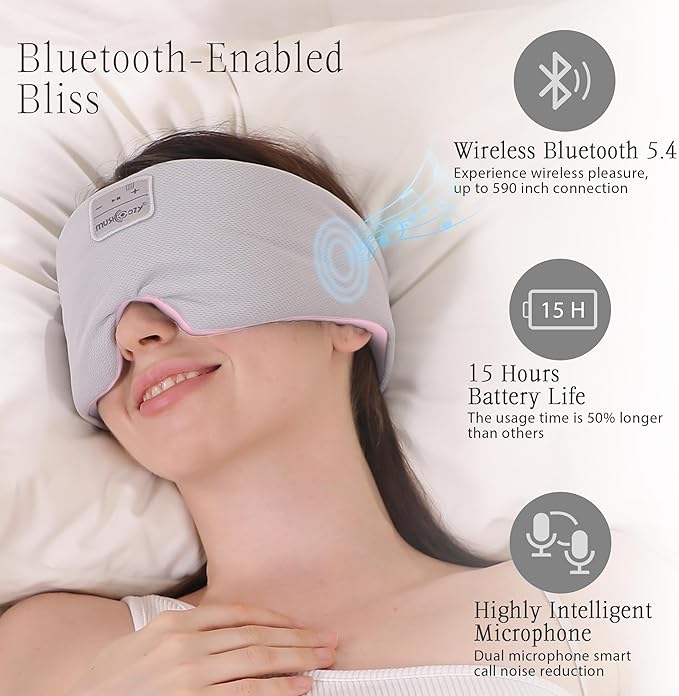 MUSICOZY Ice Silk Sleep Headphones with Bluetooth Mask, Eye Mask for Sleeping in Total Darkness, 5.4 Bluetooth Sleep Mask Sleep Headphones, Soft, Gifts for Men Women (Pink) - Bloomnest