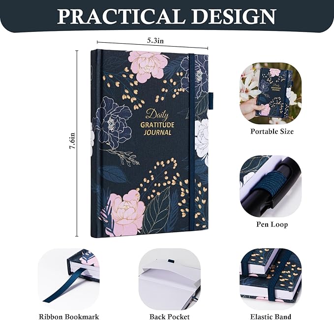Gratitude Journal with 4 Inspirational Stickers: Undated Daily Gratitude Journal for Women and Men - More Happiness, Affirmation, and Mindfulness in A Few Minutes with Prompts & Quotes (Peony) - Bloomnest
