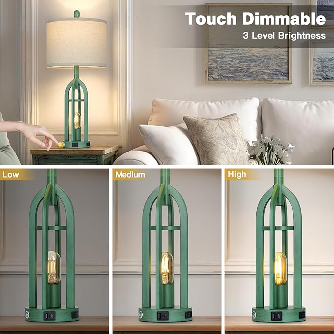 27" Tall Vintage Table Lamp Set of 2 with USB C+A & Outlet,Farmhouse Green Table Lamp for Living Room,Retro Bedside Lamps with Night Light for Bedroom Entryway,Green - Bloomnest