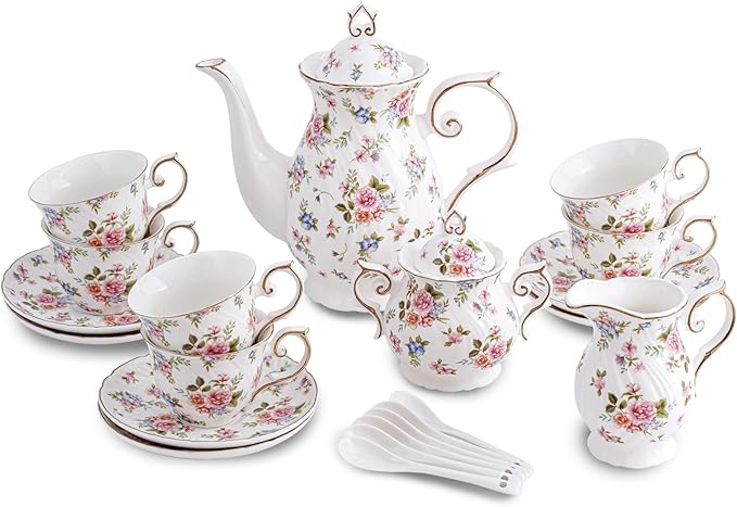 Tea Set 21-Piece Ceramic tea cups and saucers set of 6 with Sugar and Creamer Set,Teapot,teapot set for Adults, Women Tea Party (small crushed flower) - Bloomnest