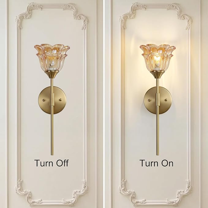 2 Pack Gold Wall Sconce with Modern Amber Glass Shades, Modern Mid Century Bathroom Vanity Wall Light Fixtures, Industrial Brushed Brass Wall Lamp, for Bedroom Mirror Living Room, ETL Listed - Bloomnest