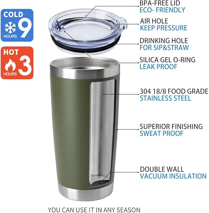 HASLE OUTFITTERS 20oz Tumblers Bulk Stainless Steel Cup with Lid Double Wall Vacuum Insulated Coffee Mug for Cold & Hot Drinks 1 Pack, Army Green - Bloomnest