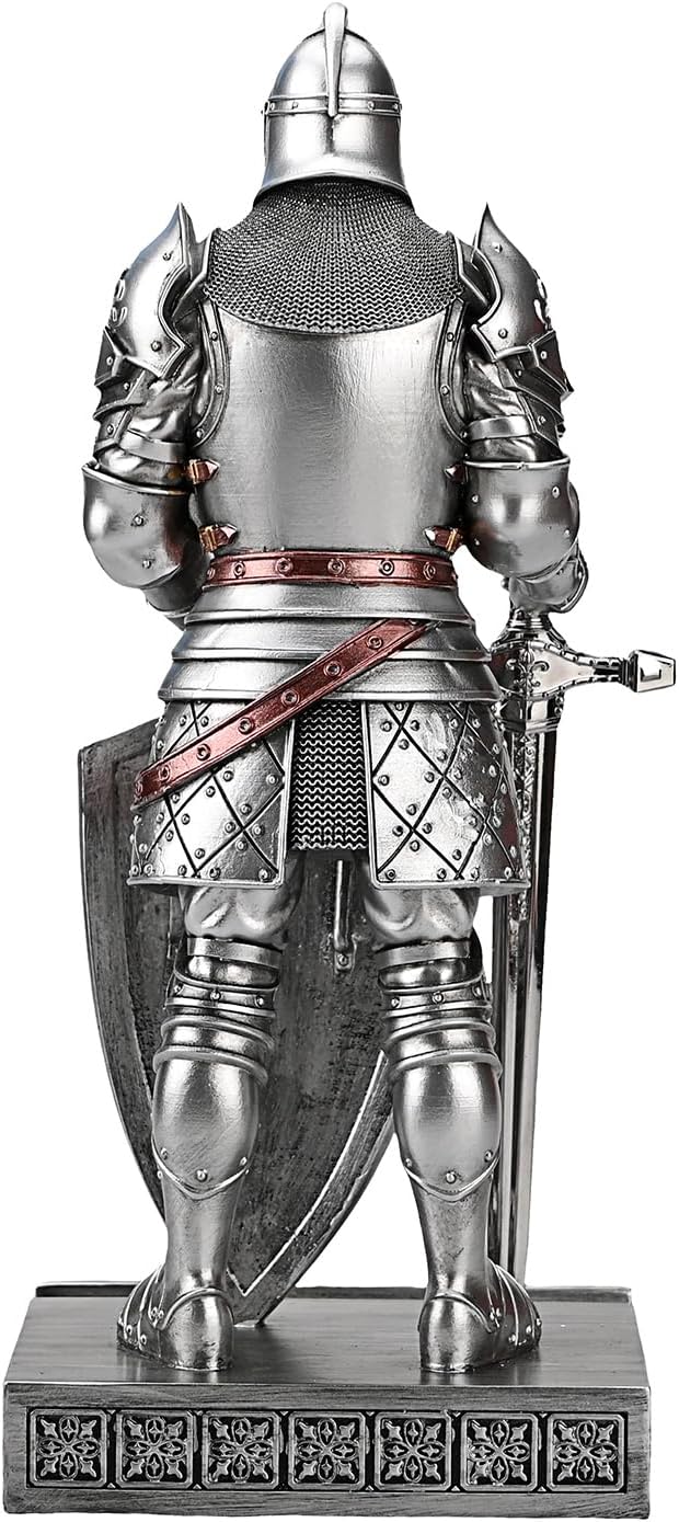 King's Guard Ornament Knight Statue for Desk, Desktop Accessories Pen Holder Pen Stand Paperweight for Office and Home (Silver)