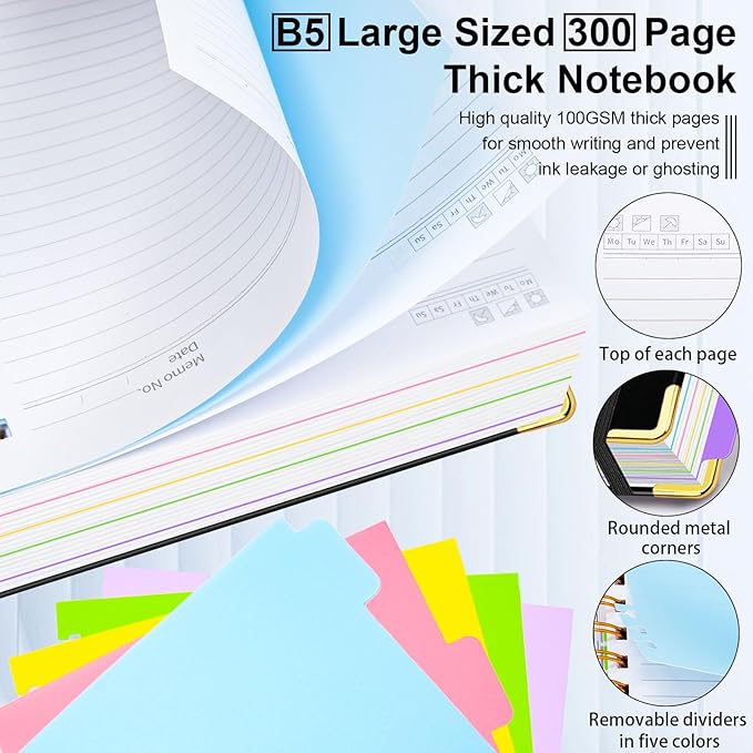 Hardcover Spiral Notebook 8"x10" Journal Notebook with Tabs and Removable Dividers 300 Pages 5 Subject Notebook College Ruled, Faux Leather Spiral Bound Notebook for Women School Work (Black) - Bloomnest