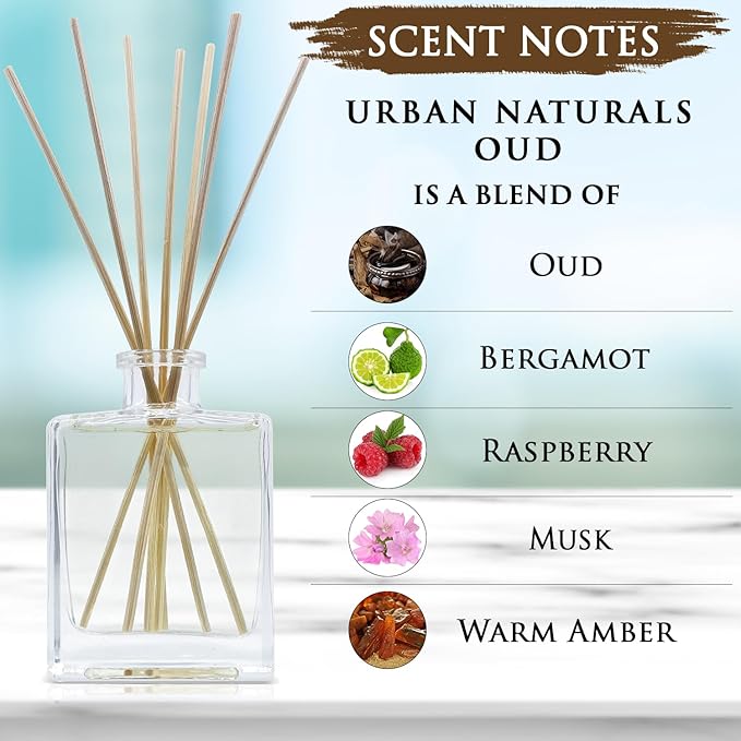 Urban Naturals Oud Reed Diffuser Set – Bergamot, Raspberry, Oud, Musk, Warm Amber – Made with Essential Oils – Sleek Rectangular Refillable Glass Bottle – Made in The USA UrbanNaturals