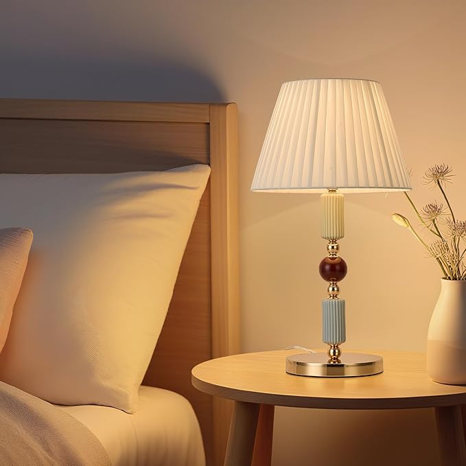 White Fabric Shade Table Lamp Modern Metal Desk Lamp with Plug Cord Switch for Bedroom Bedside - Bloomnest
