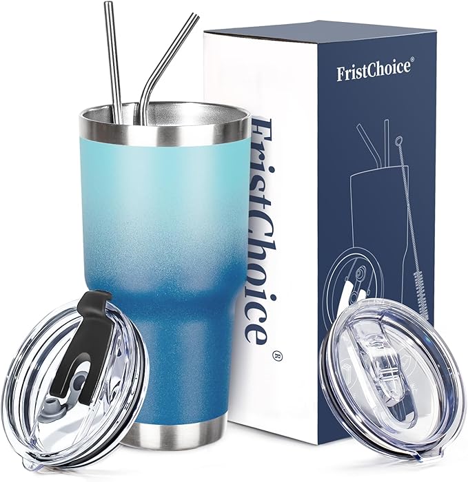 30 oz Tumbler with Lids and Straws Double Wall Vacuum Insulated Tumbler Cup,Stainless Steel Leak-proof Thermal Tumbler Travel Coffee Mug for Cold and Hot Drinks,Gradient Blue - Bloomnest