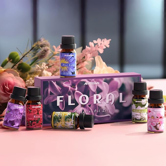 ARVIDSSON Floral Essential Oils Set, Natural Flower Essential Oil Gift for Women - Rose, Gardenia, Cherry Blossom, Honeysuckle, Lilac, Blue Lotus, Scented Oil for Diffuser, Valentines Day Gift for Her - Bloomnest