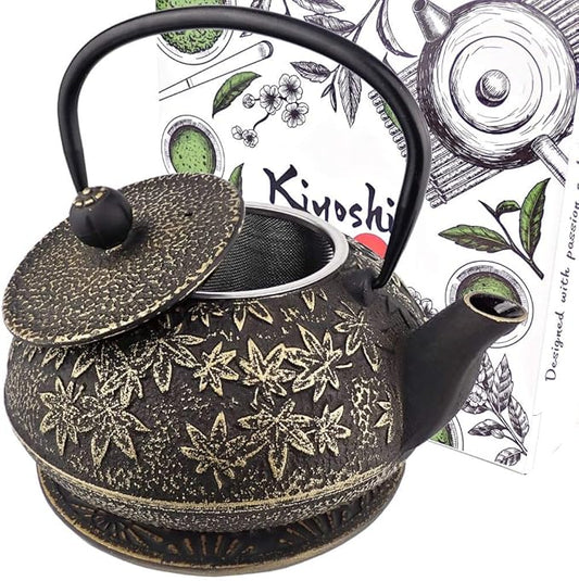 Large Japanese Cast Iron Teapot Capacity 40Oz with Trivet and Loose Leaf Tea Infuser, Cast Iron Tea Kettle Stovetop Safe. Tetsubin Coated with Enamel Interior - Black Teapot
