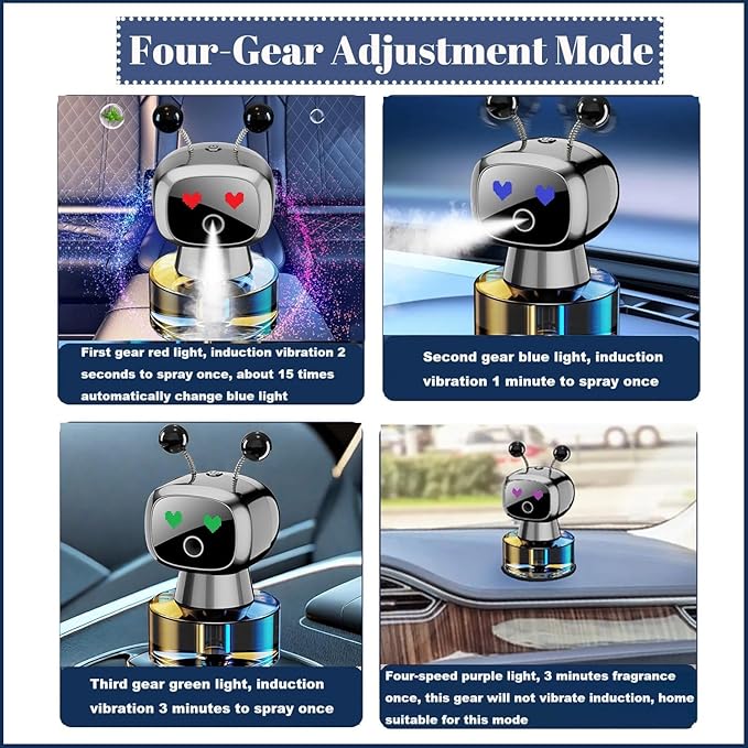 Robot Intelligent Aromatherapy Machine, Smart Cute Robot Car Air Freshener - Fine Spray/Fillable/Four-Gear Adjustment/Vibration Sensing/On-Off/Large Capacity Long-Lasting Fragrance/Gray-V2(Osmanthus) - Bloomnest