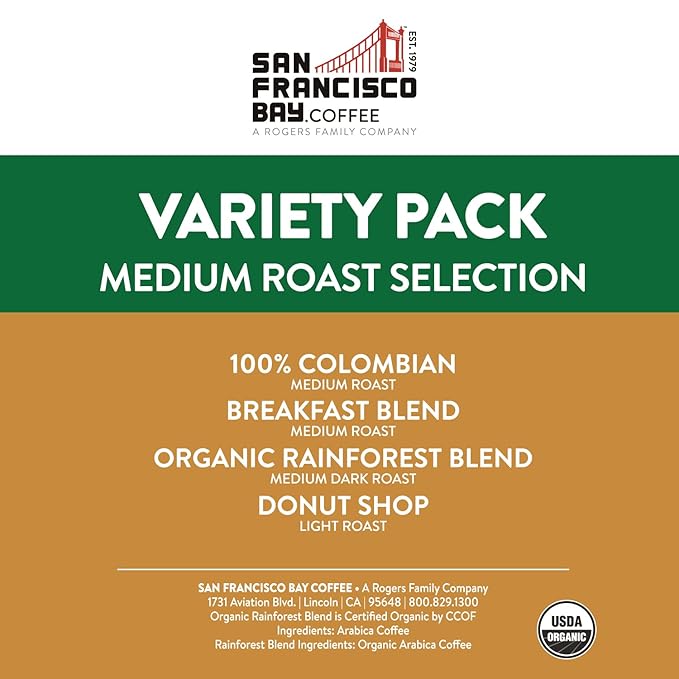 San Francisco Bay Compostable Coffee Pods - Variety Pack Medium Roast (40 Ct) K Cup Compatible including Keurig 2.0, Colombian, Breakfast, Organic Rainforest, Donut Shop - Bloomnest