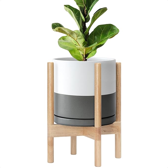 D'vine Dev Ceramic Planter with Natural Stand - 10 Inch Modern Round Flower Pot with Wood Planter Holder, White/Grey, 55-B-K-6 - Bloomnest