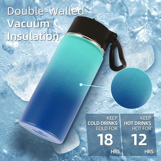 Volhoply Kids Insulated Water Bottle with Straw,16oz Stainless Steel Cold Water Bottles for School,BPA-Free Metal Wide Mouth Cups with Handle,Reusable Double Wall Vacuum Sport Flask(Green Blue,1) - Bloomnest