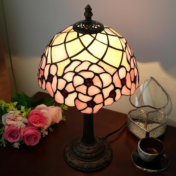 Tiffany Lamp Stained Glass Table Lamp 8X8X14 Inches Desk Reading Light Decor Beside Bedroom Living Room Home (H-1055- Cherry Blossom) - Bloomnest