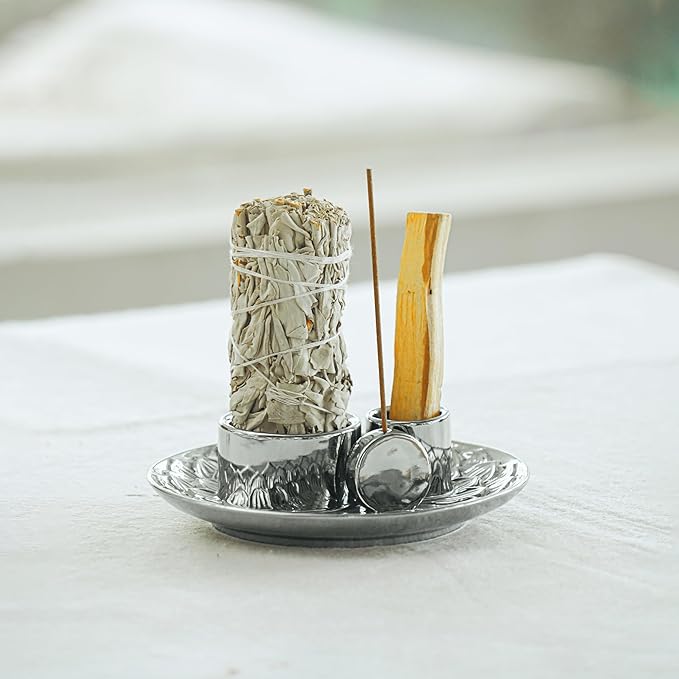 4 in 1 Incense Holder, Ceramic Incense Stick and Palo Santo Holder,Sage Holder for Burning- 5.5" Ceramic Ash Catcher Tray for Meditation and Yoga Room (Silver) - Bloomnest