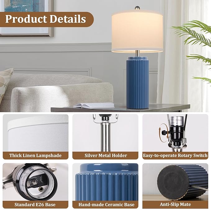 TOBUSA 23.5’’ Blue Table Lamps for Bedroom Set of 2, Modern Farmhouse Ceramic Bedside Nightstand Lamps for Living Room, Decorative Boho Ceramic Lamps Set for Home Office End Table Console, White Shade - Bloomnest