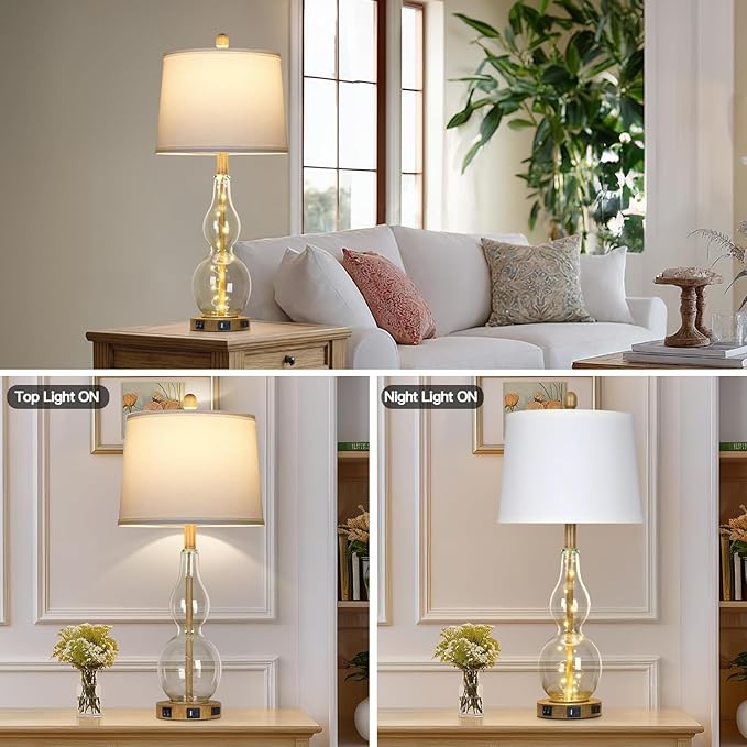27.5" Clear Glass Table Lamp Set of 2 with Night Light,Bedside Lamps with USB Ports and AC Outlet, Modern Nightstand Lamps Retro Farmhouse lamp for Bedroom Living Room - Bloomnest