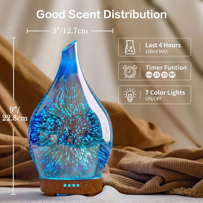 Porseme Essential Oil Diffuser 3D Glass Aromatherapy Ultrasonic Humidifier, Air Refresh Auto Shut-Off, Timer Setting, BPA Free for Home Hotel Yoga Leisure SPA Gift 100ml Last 4h Porseme