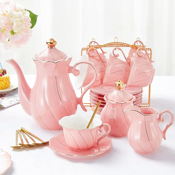 DUJUST 22 pcs Porcelain Tea Set for 6, Luxury British Style Tea/Coffee Cup Set with Golden Trim, Beautiful Tea Set for Women, Tea Party Set, Gift Package (With a Stand) - Pink - Bloomnest