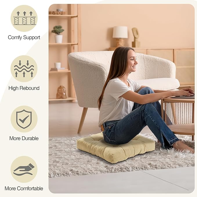 Floor Pillow Cushions for Adults Sitting Large Big Pillows for Floor Seating Square Memory Foam Thick Tufted, 22 x 22 Inch, Set of 2, Natural Linen - Bloomnest