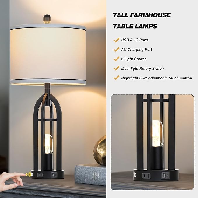 27" Tall Vintage Table Lamp with USB C+A & Outlet,Black Industrial End Table Lamp for Living Room,Farmhouse Rustic Bedside Lamps with Night Light for Bedroom Nightstand,Black（2 LED Bulbs Included） - Bloomnest
