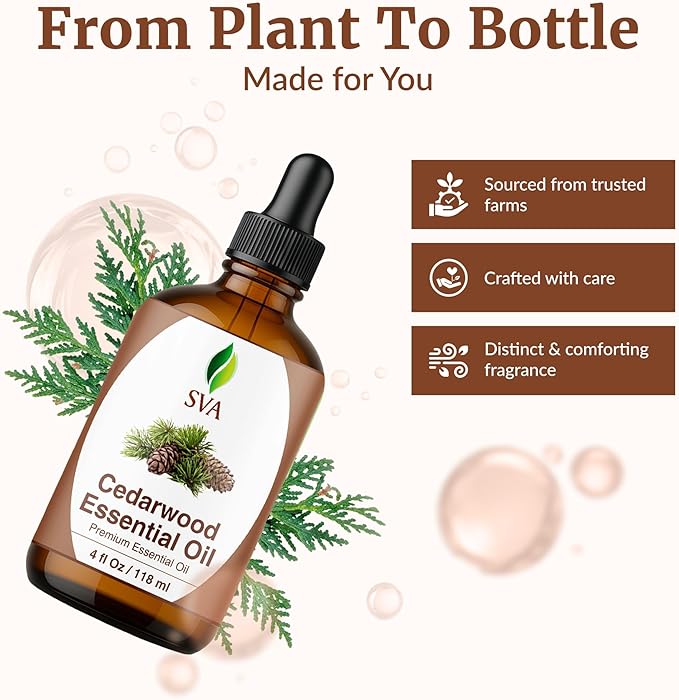 SVA Cedarwood Essential Oil – 4 Fl Oz – 100% Natural Cedar Cupressus Funebris Oil - for Diffuser, Hair Care, Face, Skin Care, Aromatherapy, Scalp and Body Massage, Soap and Candles - with Dropper - Bloomnest