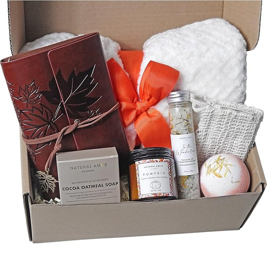 Natural Amor Fall Spa Gift Set for Women – Cozy Blanket, Pumpkin Candle, Handmade Soap, Bath Bomb, Journal – Handmade Autumn Self Care Box, Relaxation Gift for Her - Bloomnest