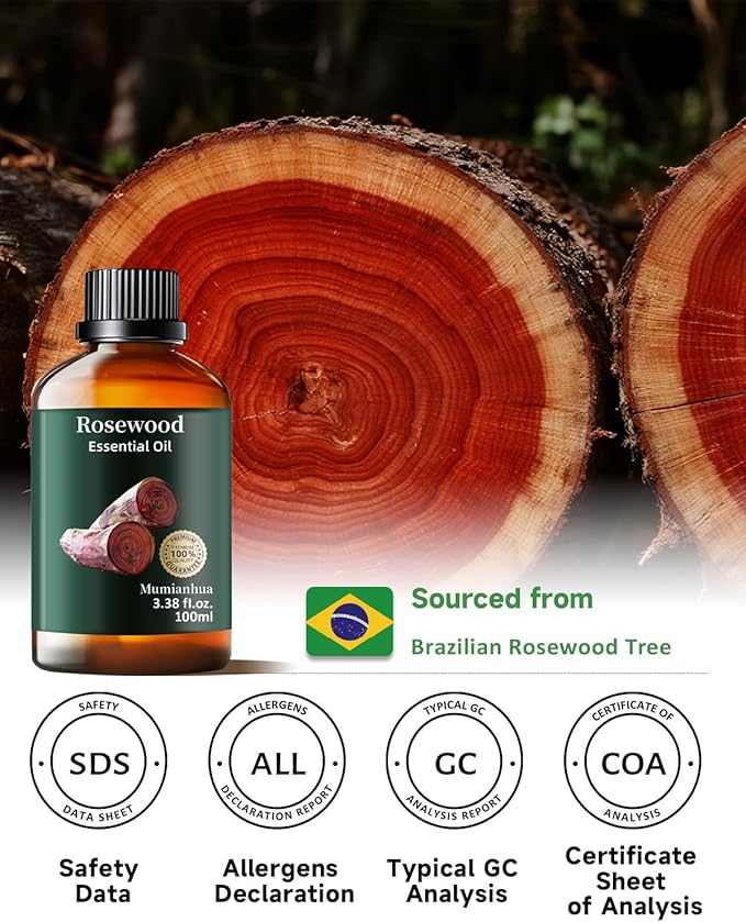 Rosewood Essential Oil Pure, Mumianhua Natural Organic Pure Premium Therapeutic Rosewood Oils for Skin, Body, Hair Care, Diffuser, Candle, Soap, Making, DIY, Massage 3.38 Fl Oz - Bloomnest