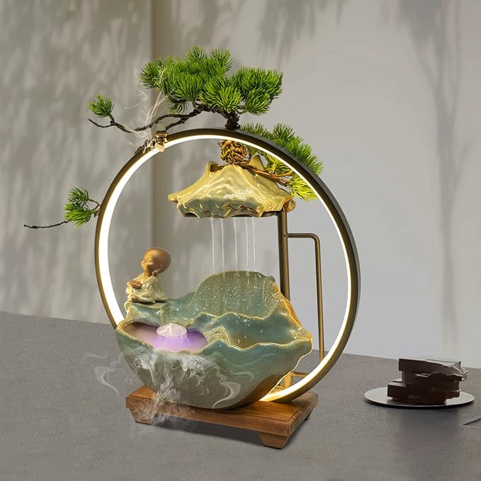 Tabletop Water Fountain, Indoor Waterfall with Round LED Light Ceramic Meditation Monk, Mist Maker and Incense Holder for Home Office Decor - Bloomnest
