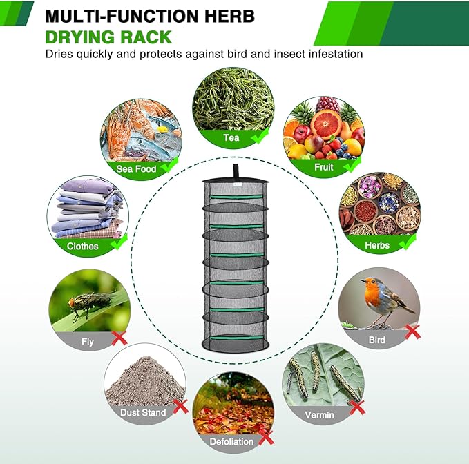 Yesker 6 Layer Herb Drying Rack Hanging Mesh Net Foldable Plant Drying Racks 24" Diameter with Green Zipper & Hook Dryer Hanging Rack for Herbs Seed Bud Fruit Clothes Grow Tent Closets Garden Outdoor - Bloomnest