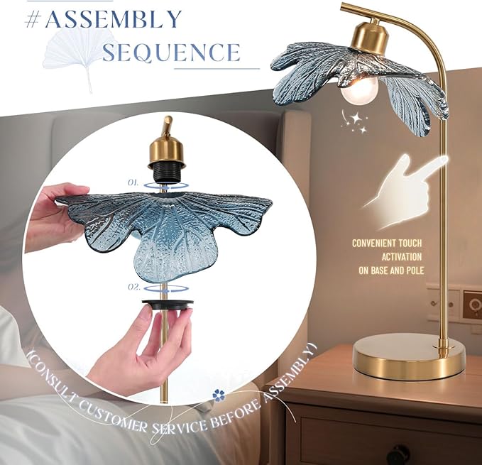 Gold Table lamp set of 2, Touch Table lamp with Blue Glass Flower Shade Mid Century Modern Lamps Bedside nightstand lamp Side Table Lamps Small Table lamp for Bedroom Living Room Office Farmhouse - Bloomnest