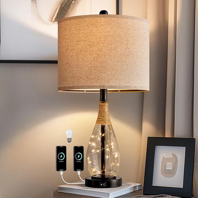 OYEARS 23" USB A+C Table Lamp for Bedroom Living Room Modern Bedside Lamps Retro Farmhouse Rattan Glass Nightstand Nightlight Lamps (Black),Two Light Points - Bloomnest