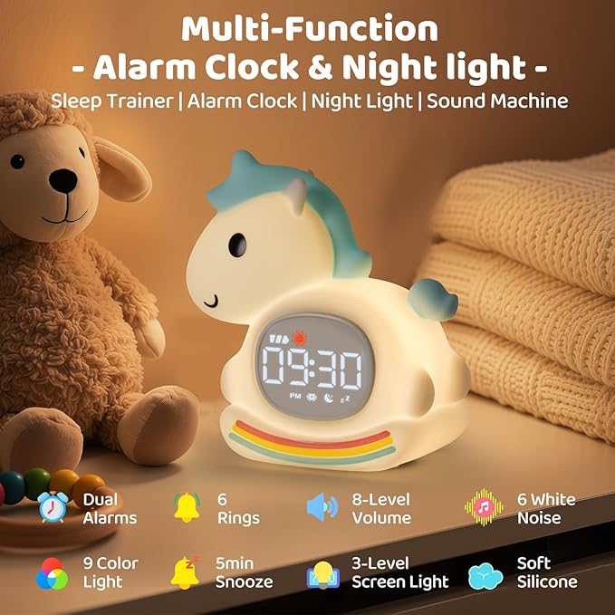 Alarm Clock with Night Light for Kids with Sleep Training and Sound Machine, Rechargeable Silicone Lamp OK to Wake Clock，Cute Animal Tabletop Lamp, Perfect Sleep Companion for Boys Girls，Blue Pony - Bloomnest