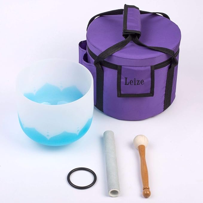 Leize Blue Lotus Design Crystal Singing Bowl G Note Throat Chakra Blue 8" with Heavy Duty Carrying Case Suede Striker